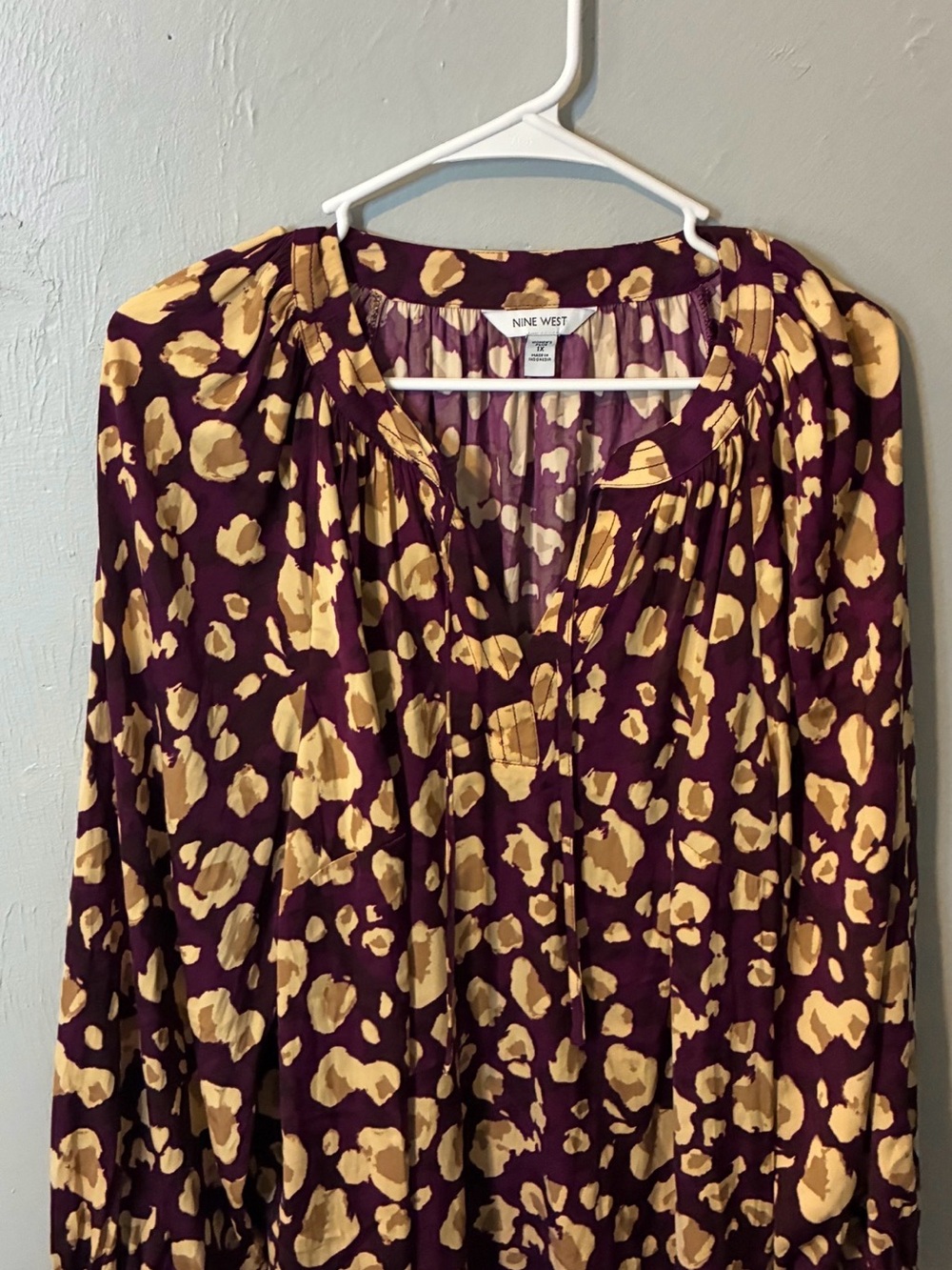 Nine West Burgundy and Cream Abstract Spot V-Neck Blouse